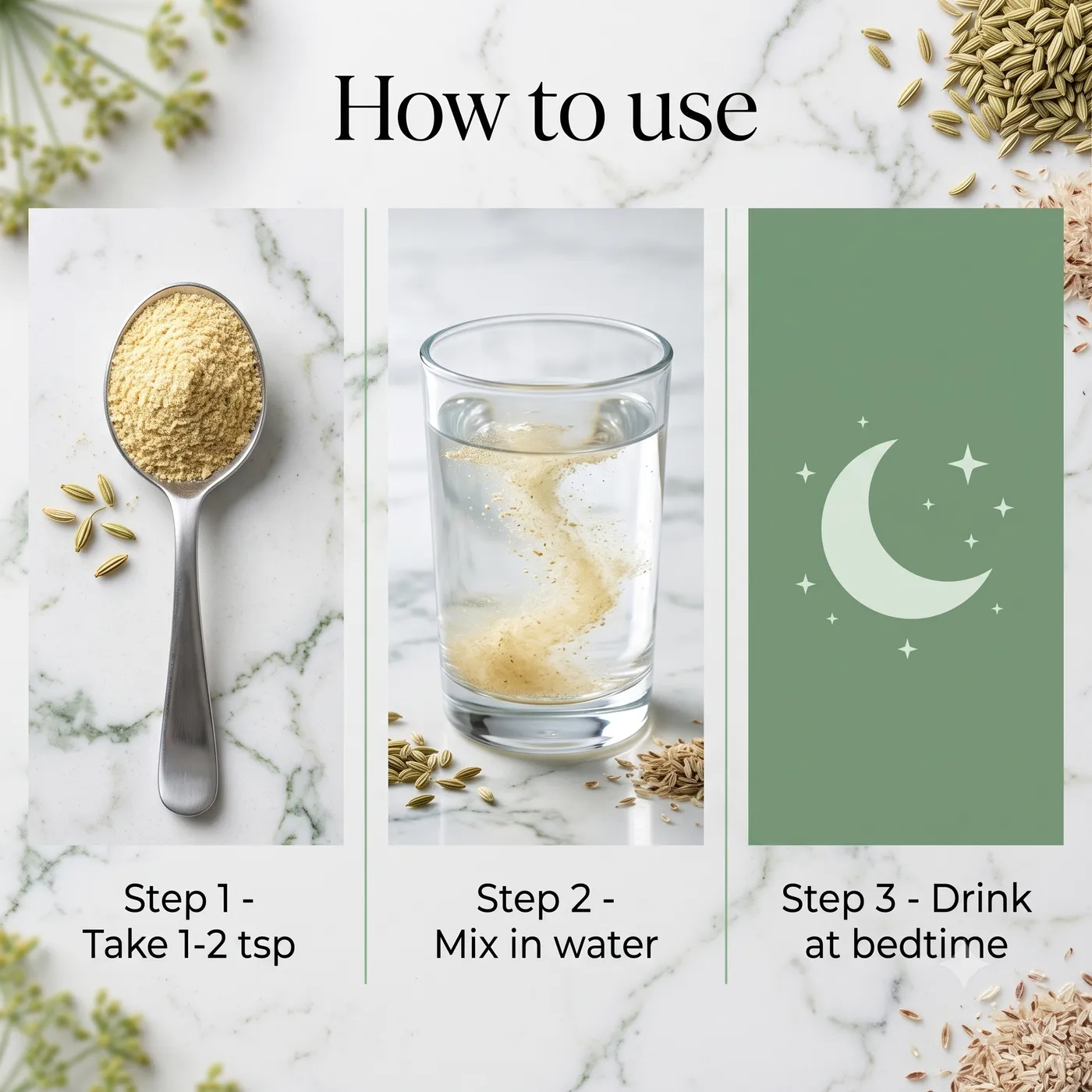 How to use: take 1–2 teaspoons, mix in water, drink at bedtime