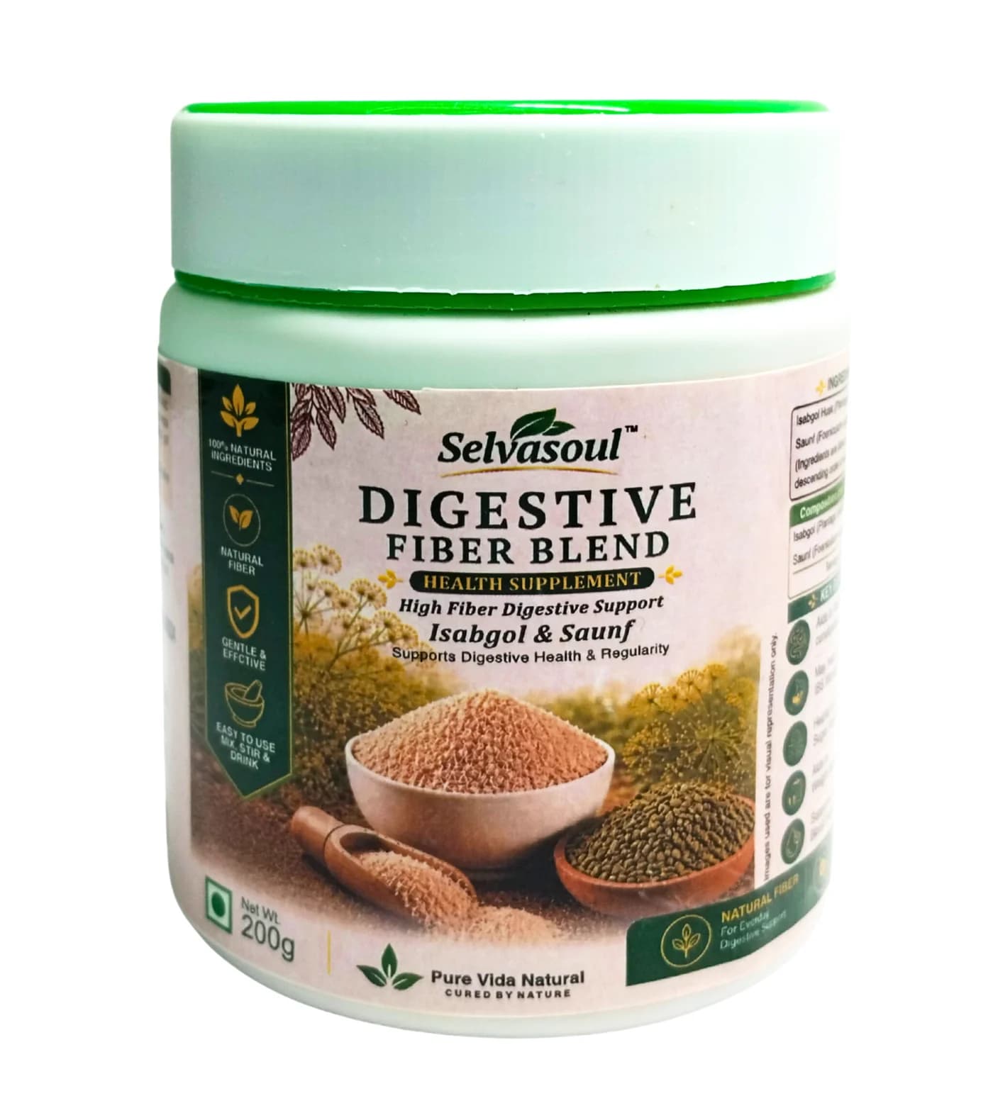 Selvasoul Digestive Fiber Blend, 200 g jar, front label